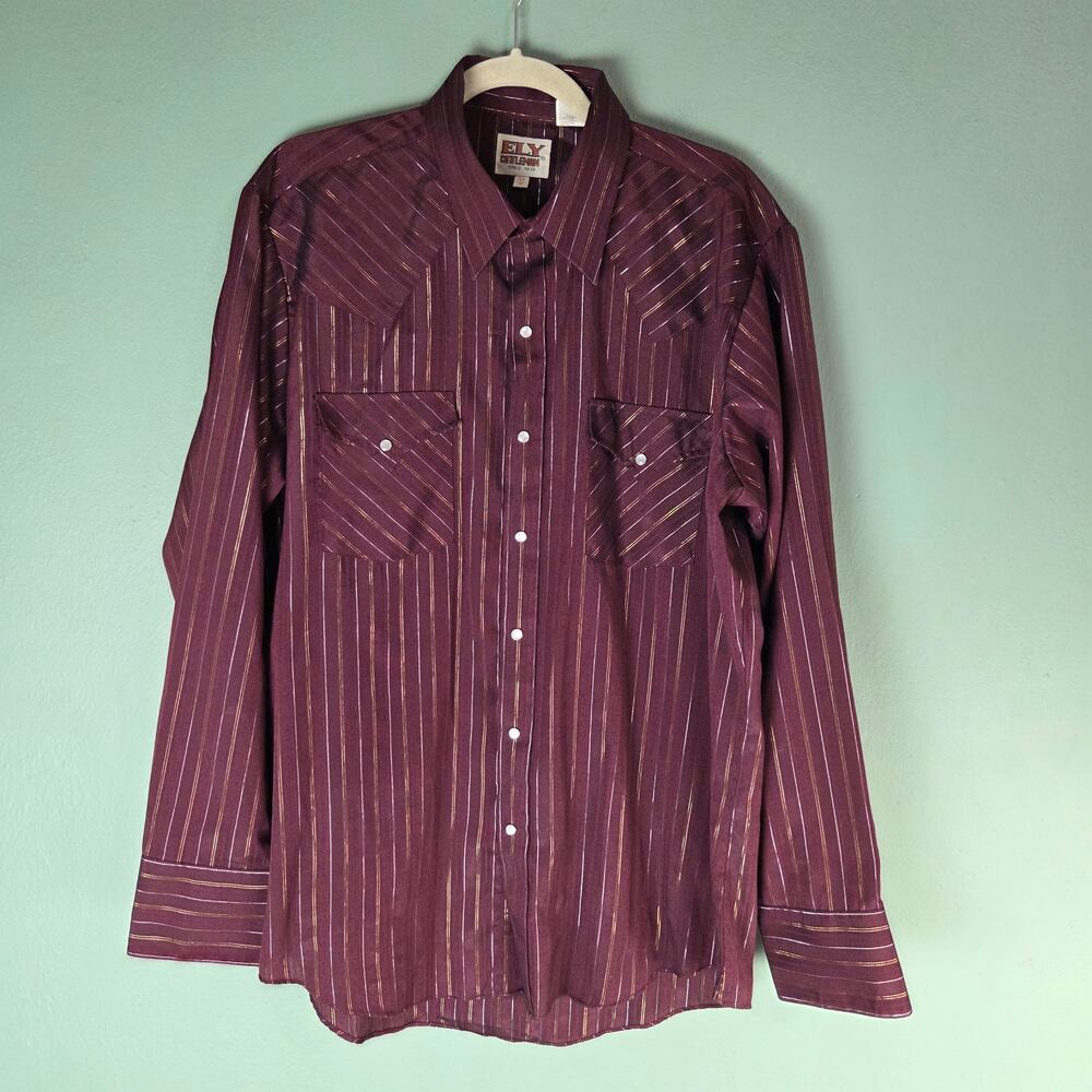 Ely Cattleman Mens Western Shirt 16 1/2 35 Burgundy Pearl Snaps Cowboy Pockets
